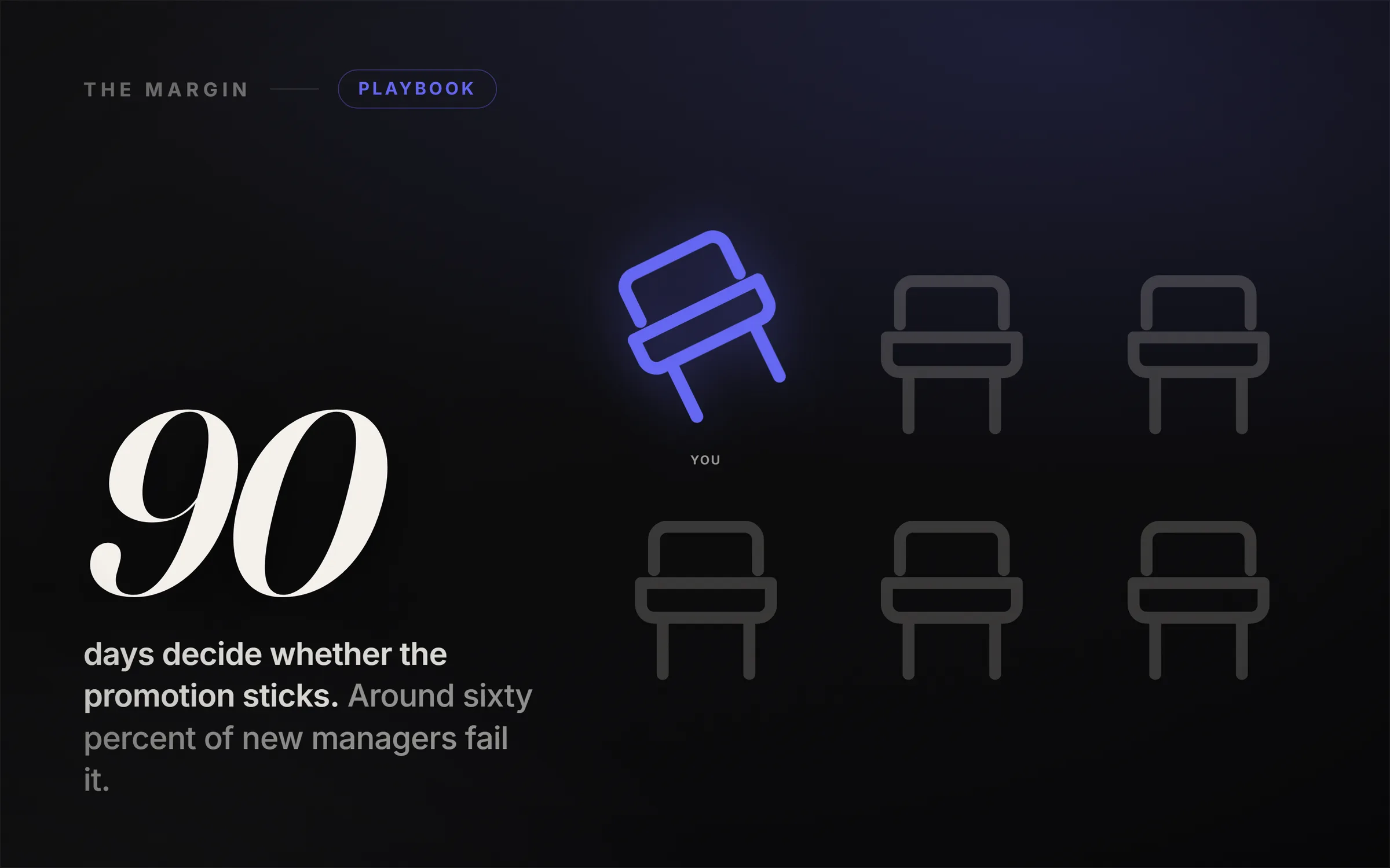 A single desk chair turned to face a small team of empty chairs, one nameplate freshly changed from a first name to the word manager.