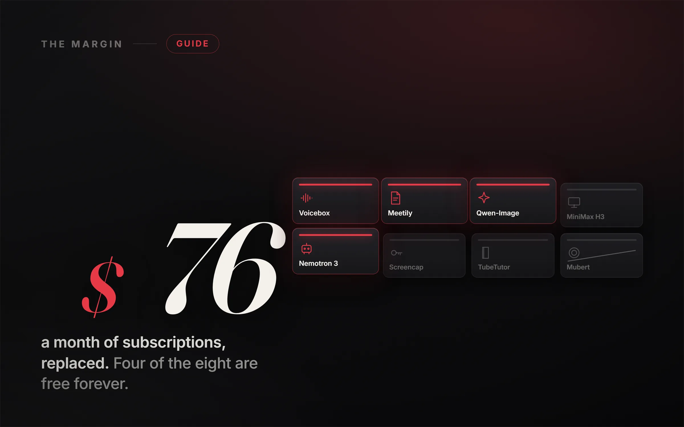 A dark desk with five glowing subscription cards stacked on the left, each showing a monthly price, and on the right four plain unlabelled discs sitting quietly where the paid cards used to be, with a small amber price tag reading $0. The mood is a swap, not a sale: the expensive side is bright and busy, the free side is calm and solid.