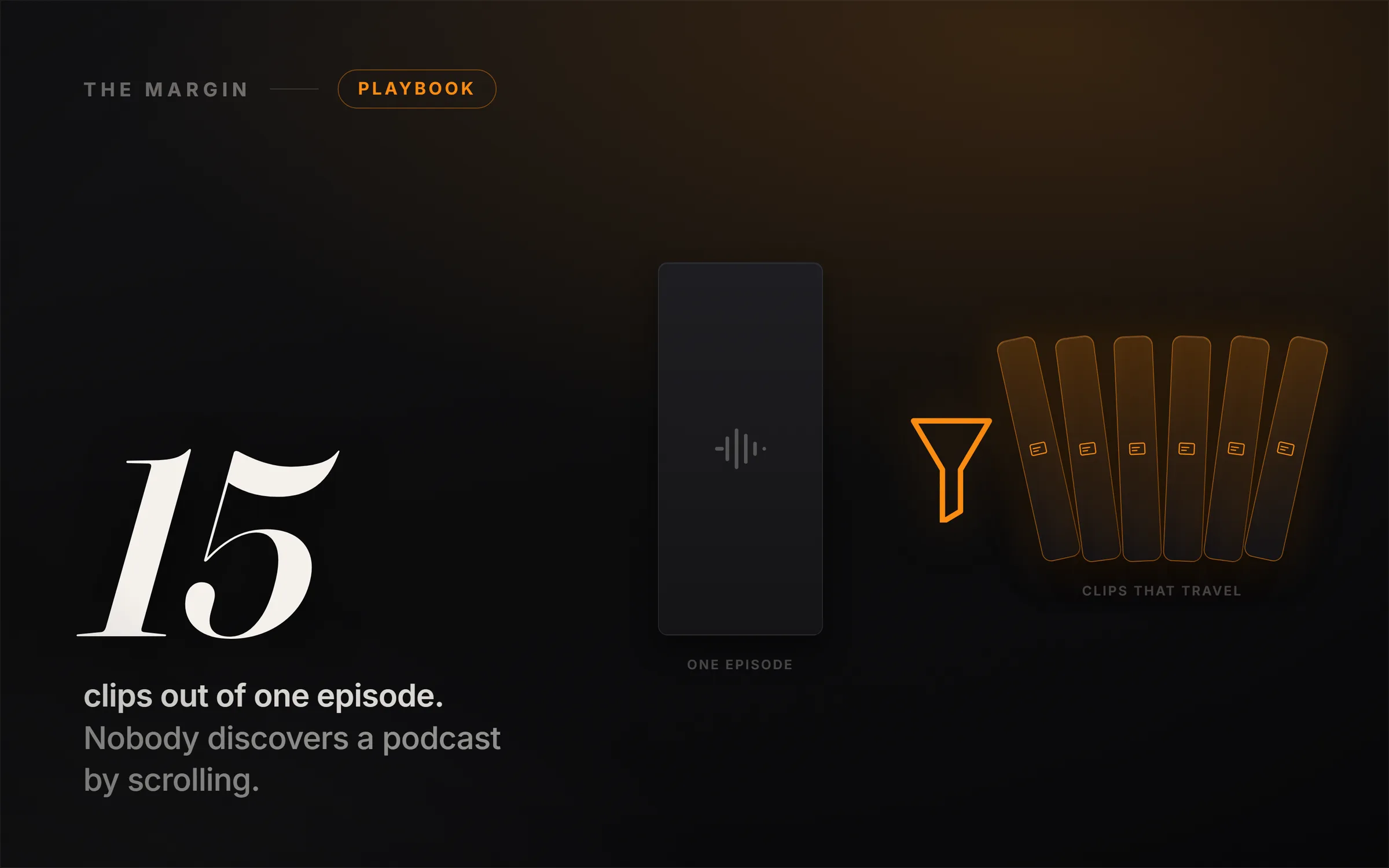 A single glowing eighteen-second clip lifting out of a long grey audio waveform and traveling across a wall of scrolling phone screens.